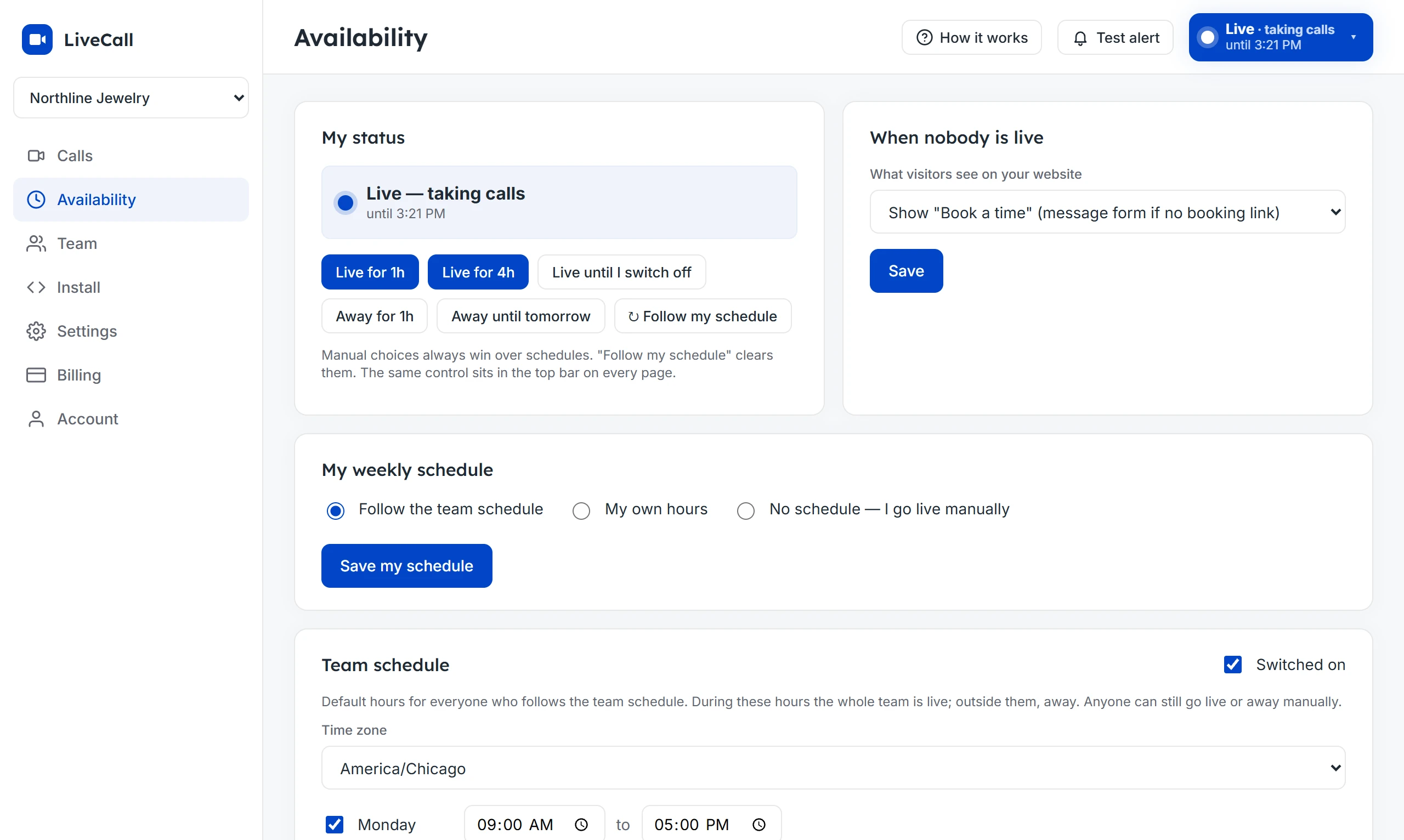 The Availability page: Live and taking calls, buttons to go live or away, what visitors see when nobody is live, and the weekly team schedule.