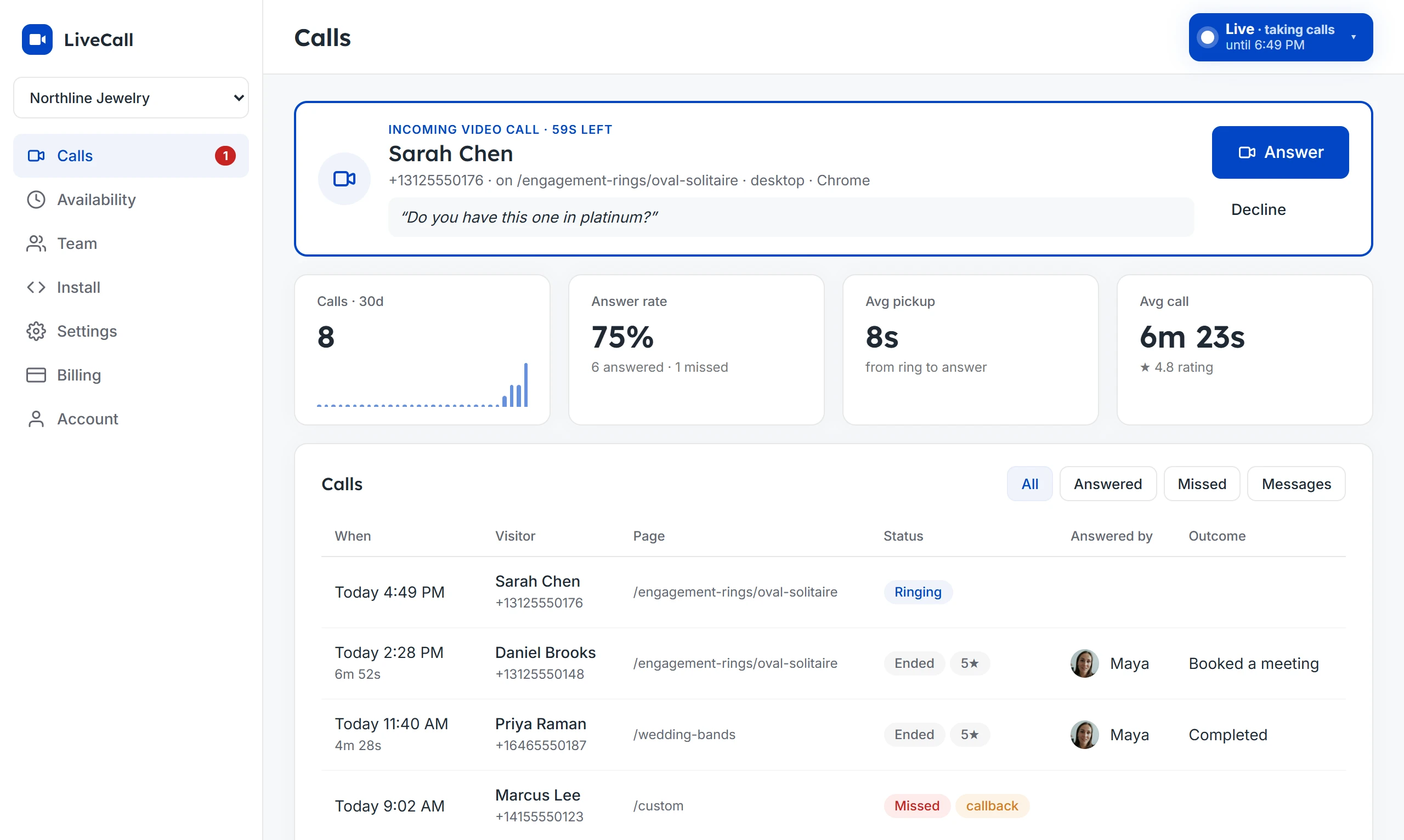 The LiveCall dashboard: an incoming video call from Sarah Chen, who is on the oval solitaire ring page and asks if it comes in platinum, above call stats and a list of recent calls.