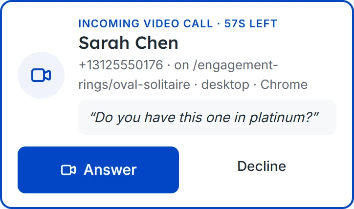 An incoming video call from Sarah Chen, with Answer and Decline buttons.