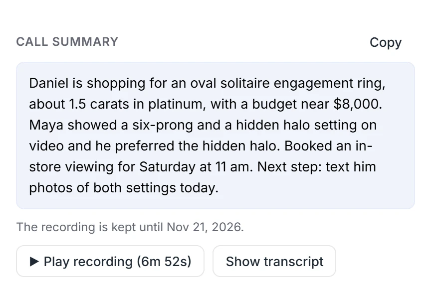 A call's AI summary: Daniel wants an oval solitaire in platinum and booked a viewing for Saturday, with buttons to play the recording and show the transcript.