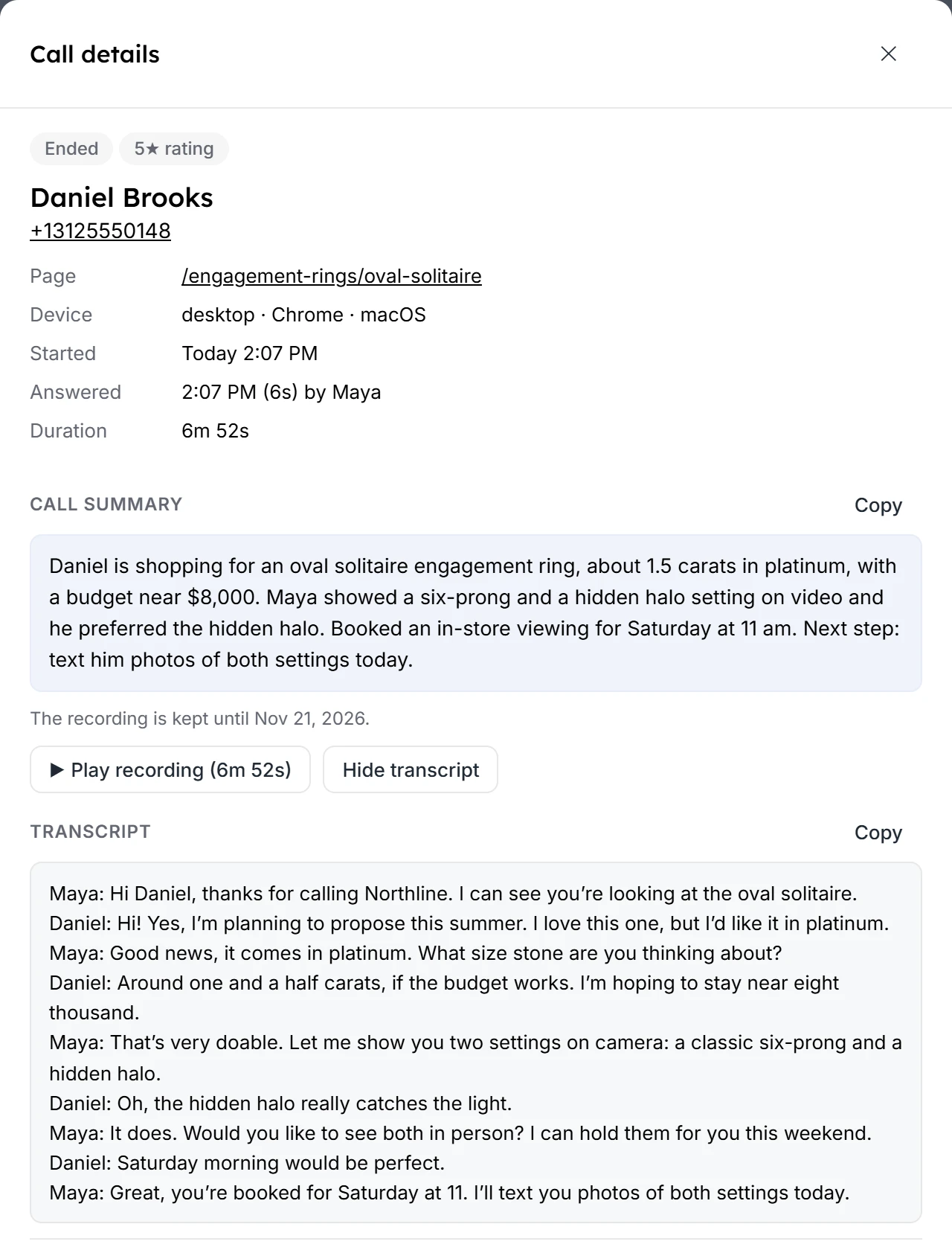 The details of a recorded call with Daniel Brooks: an AI summary of what he wants and the next step, buttons to play the recording, and the full transcript of the conversation.