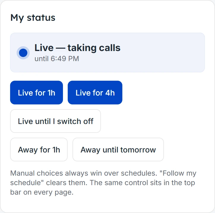 The status panel: Live and taking calls, with buttons to go live for an hour or four, or to go away.